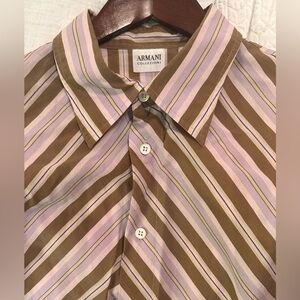 MENS Armani Collezioni Vintage Lavender Brown Stripe Button-Up Cotton Shirt - L